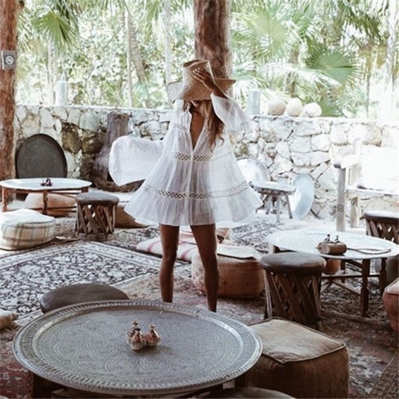 Bohemian White Cotton Button Up Tunic Top - Picture 2 of 2